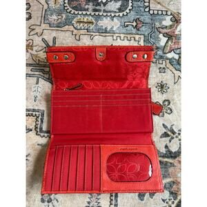 Fossil Leather Tri Fold Wallet Y2k Genuine Leather Pocket Book Coral Red